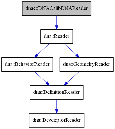 digraph {
    graph [bgcolor="#00000000"]
    node [shape=rectangle style=filled fillcolor="#FFFFFF" font=Helvetica padding=2]
    edge [color="#1414CE"]
    "3" [label="dna::BehaviorReader" tooltip="dna::BehaviorReader"]
    "4" [label="dna::DefinitionReader" tooltip="dna::DefinitionReader"]
    "5" [label="dna::DescriptorReader" tooltip="dna::DescriptorReader"]
    "6" [label="dna::GeometryReader" tooltip="dna::GeometryReader"]
    "2" [label="dna::Reader" tooltip="dna::Reader"]
    "1" [label="dnac::DNACalibDNAReader" tooltip="dnac::DNACalibDNAReader" fillcolor="#BFBFBF"]
    "3" -> "4" [dir=forward tooltip="public-inheritance"]
    "4" -> "5" [dir=forward tooltip="public-inheritance"]
    "6" -> "4" [dir=forward tooltip="public-inheritance"]
    "2" -> "3" [dir=forward tooltip="public-inheritance"]
    "2" -> "6" [dir=forward tooltip="public-inheritance"]
    "1" -> "2" [dir=forward tooltip="public-inheritance"]
}